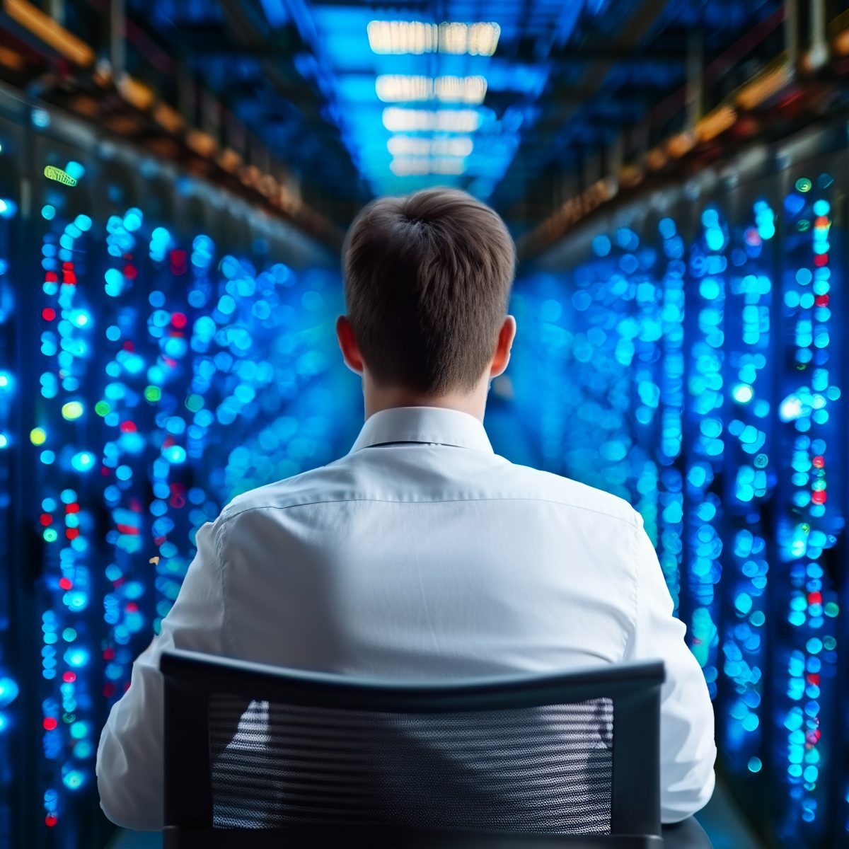 a data center operator is checking the system status on the serv